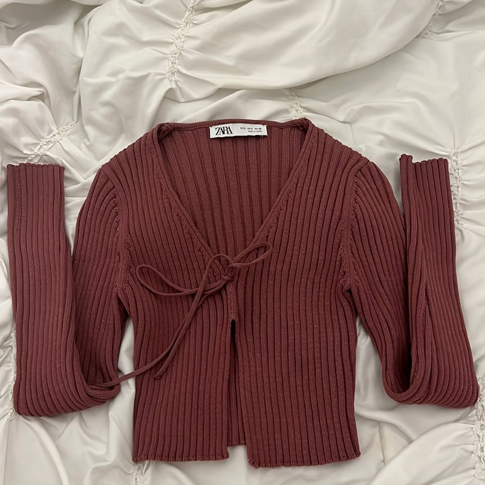 Zara Mauve Deep Ribbed Tied Long Sleeve Top